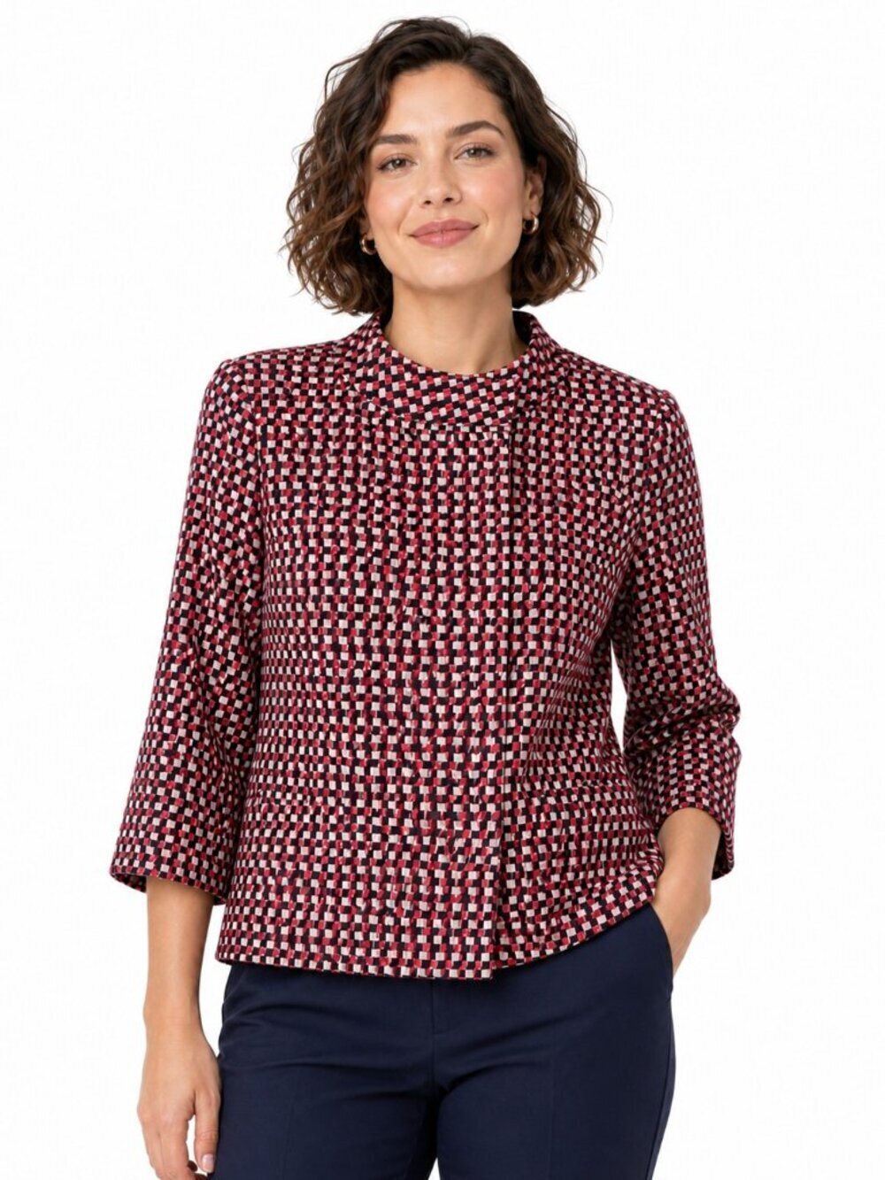 Escada Convertible Collar Metallic Check Print Peplum Blazer